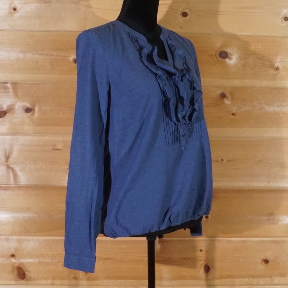 Blue Ruffled V Neck Pull Over LOFT Blouse Size XS